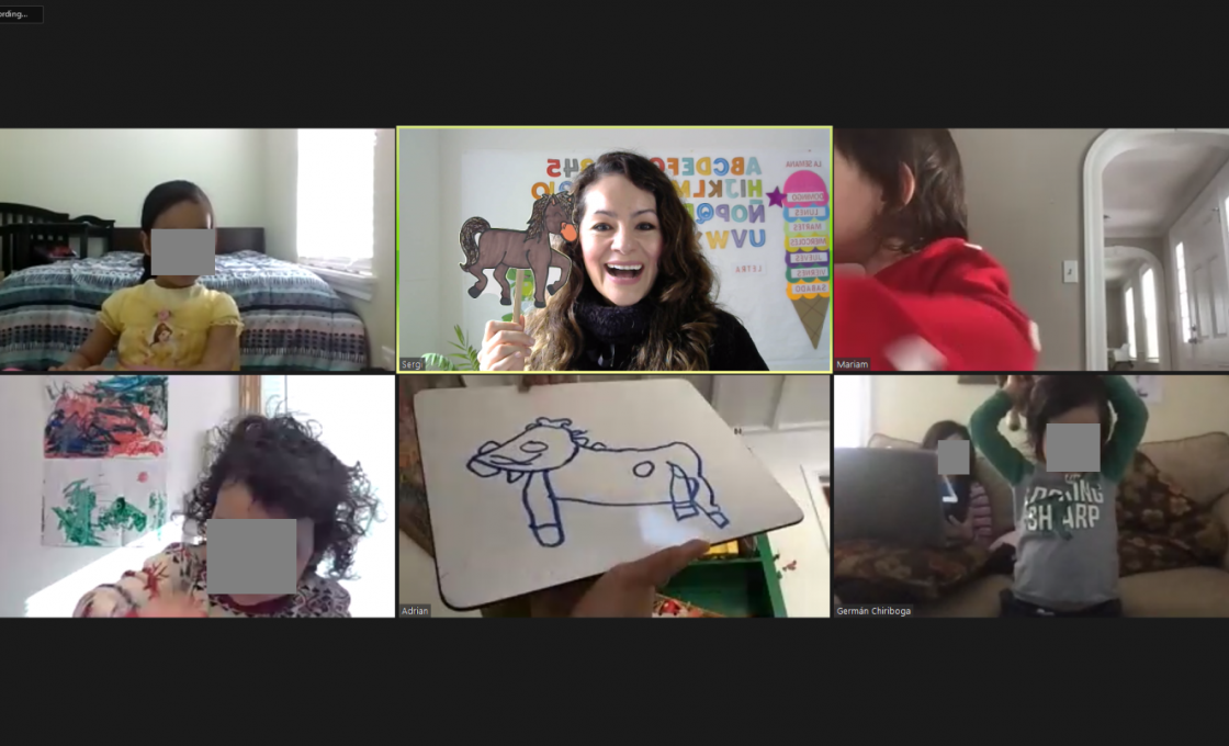 Sergi in a group video class with five participants showing picture of colored picture of a horse